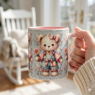 Pastel Teddy Bear Holding Flower Wearing Overalls Mug
