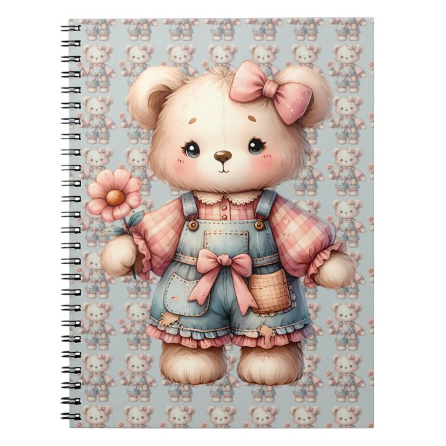 Pastel Teddy Bear Holding Flower Wearing Overalls Notebook (Front)