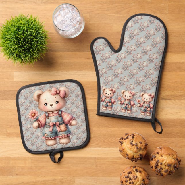 Pastel Teddy Bear Holding Flower Wearing Overalls Oven Mitt & Pot Holder Set (Top Down)