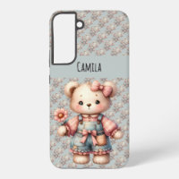 Pastel Teddy Bear Holding Flower Wearing Overalls