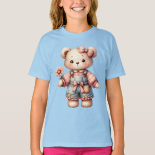 Pastel Teddy Bear Holding Flower Wearing Overalls T-Shirt