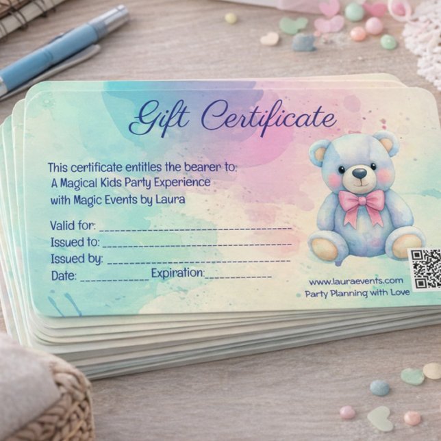 Pastel Teddy Bear Kids Party Gift Certificate Card (Creator Uploaded)