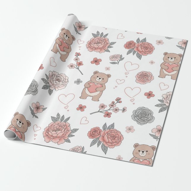 Pastel Teddy Bear Nursery Pattern Wrapping Paper (Unrolled)