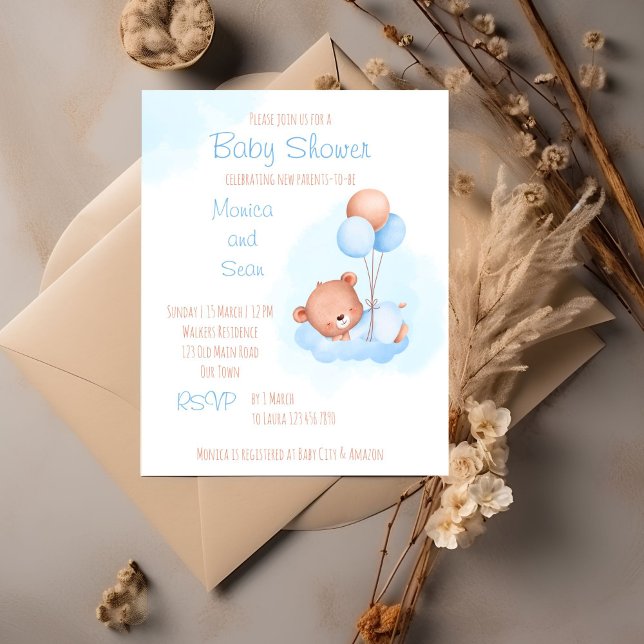 Pastel teddy bear with balloons budget baby shower (Teddy bear themed bearly wait baby shower editable template invitation cute teddy with balloons boy)