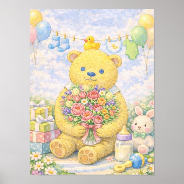 Pastel Teddy Bear with Flowers Poster (Front)