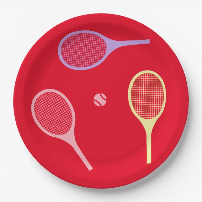 Pastel Tennis Rackets with Tennis Ball on Red   Paper Plate (Front)