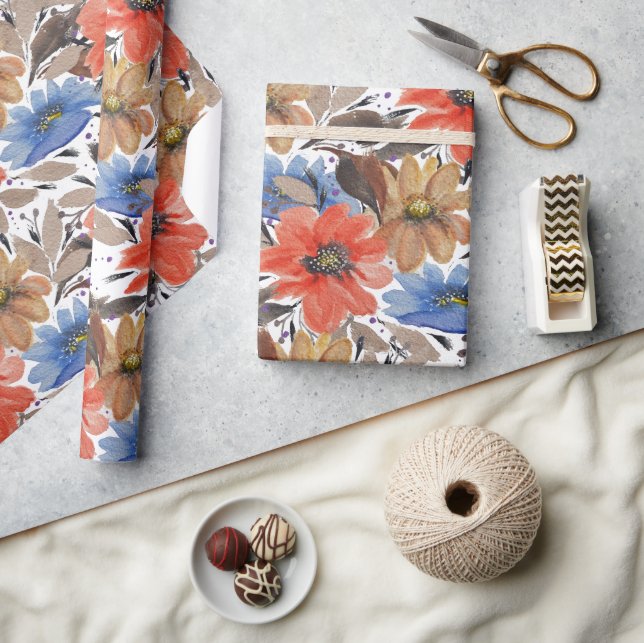 Pastel Terracotta Blue Floral Watercolor Pattern Wrapping Paper (Crafts)
