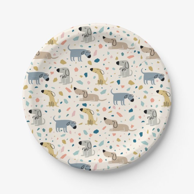 Pastel Terrazzo Funny Cute Dog Pattern Paper Plate (Front)