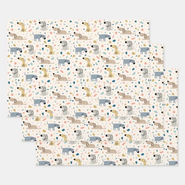 Pastel Terrazzo Funny Cute Dog Pattern Wrapping Paper Sheet (Set)