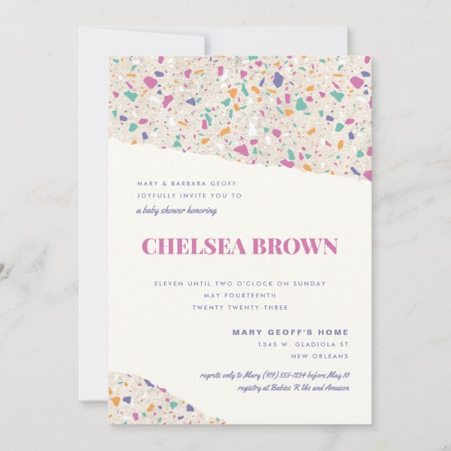 Pastel Terrazzo Slab Modern Baby Shower Announcement (Front)