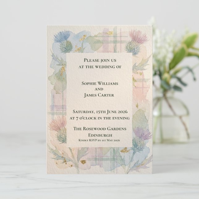 Pastel Thistle Tartan Plaid Scottish Wedding Invitation (Standing Front)