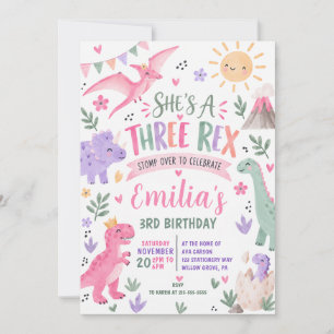 Pastel Three Rex Dinosaur 3rd Birthday Invitation