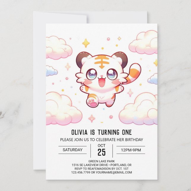 Pastel Tiger 1st Birthday Invitation (Front)