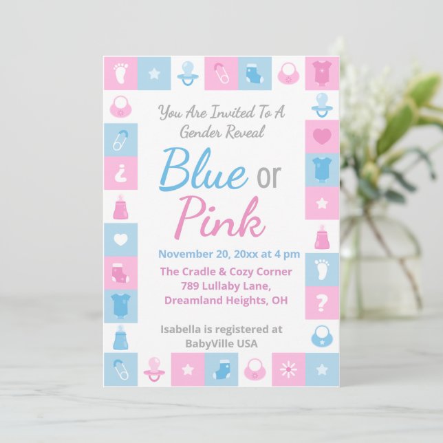 Pastel Tiny Icons Gender Reveal Invitation (Standing Front)