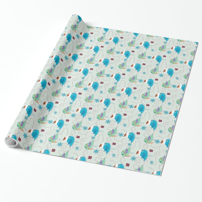 Pastel Tones Christmas Birds Pattern Wrapping Paper (Unrolled)