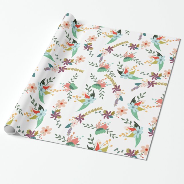 Pastel Tones Flowers Pattern Wrapping Paper (Unrolled)