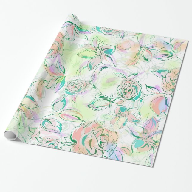 Pastel Tones Hand Paint Roses Wrapping Paper (Unrolled)