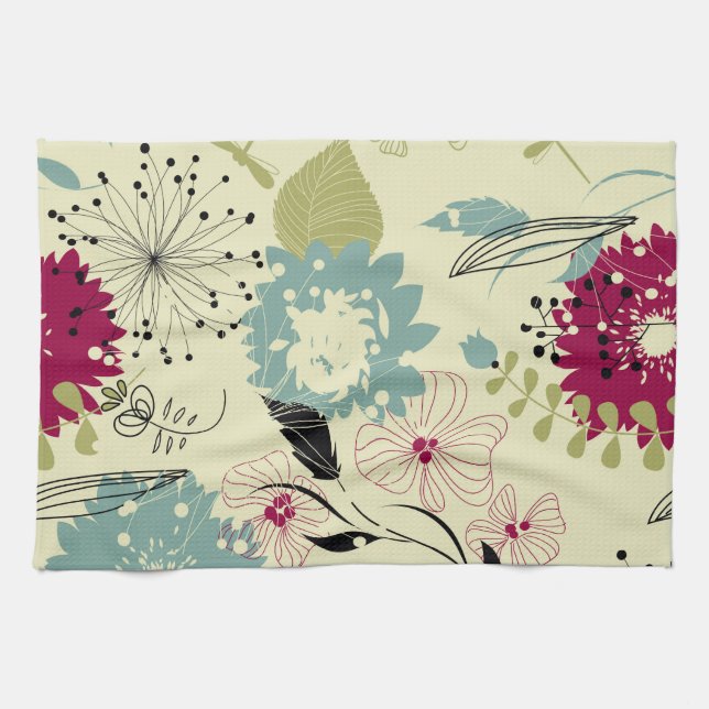 Pastel Tones Retro Floral Design Tea Towel (Horizontal)