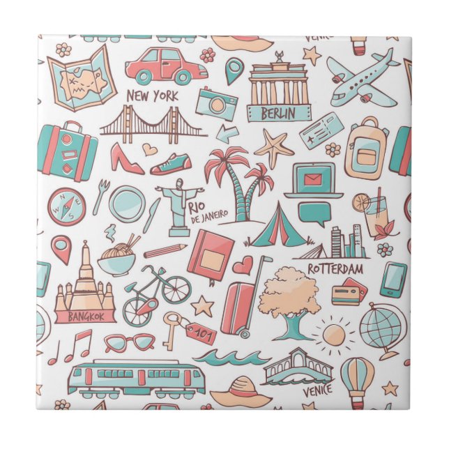 Pastel Tourist Pattern Ceramic Tile (Front)