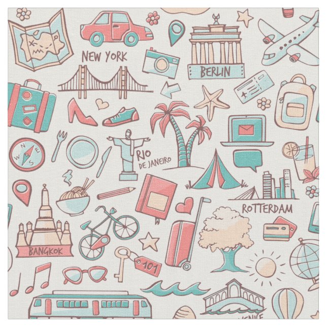 Pastel Tourist Pattern Fabric (Close Up)
