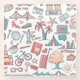 Pastel Tourist Pattern Glass Coaster