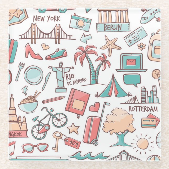 Pastel Tourist Pattern Glass Coaster (Front)