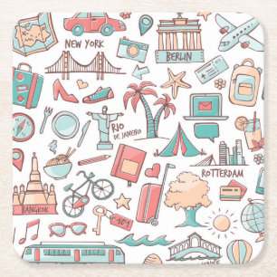 Pastel Tourist Pattern Square Paper Coaster