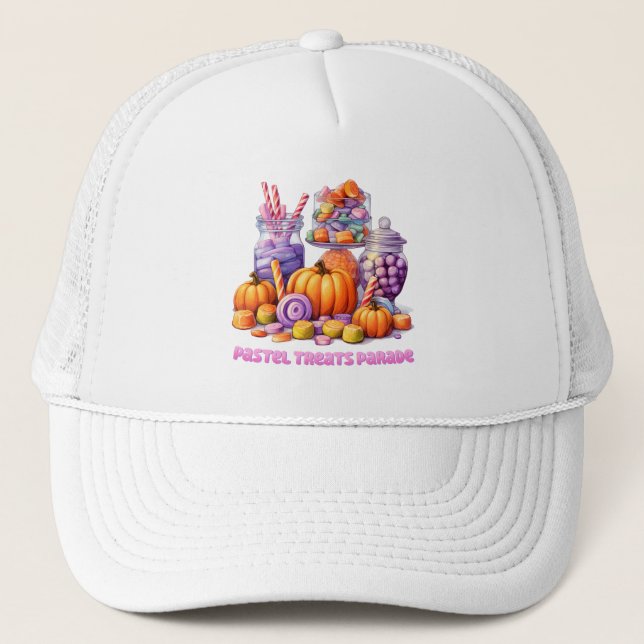 Pastel Treats Parade – Cute Candy & Pumpkin Trucker Hat (Front)