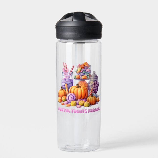 Pastel Treats Parade – Cute Candy & Pumpkin Water Bottle (Front)