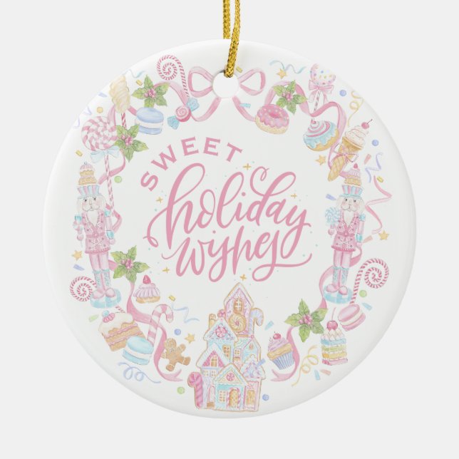 Pastel Treats | Sweet Holiday Wishes Ceramic Ornament (Front)