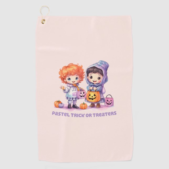 Pastel Trick or Treaters - Cartoon Boy and Girl Golf Towel (Front)