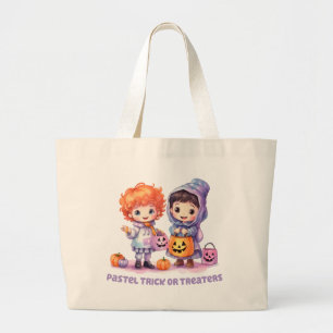 Pastel Trick or Treaters - Cartoon Boy and Girl Large Tote Bag