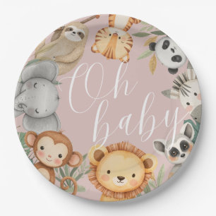 Pastel Tropical baby shower Jungle Safari Animals Paper Plate