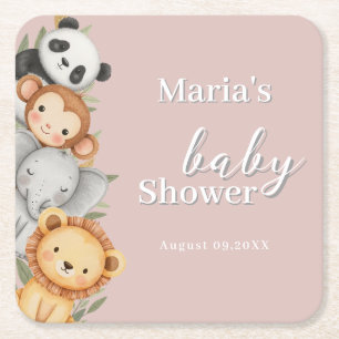 Pastel Tropical Baby Shower Jungle Safari Animals Square Paper Coaster
