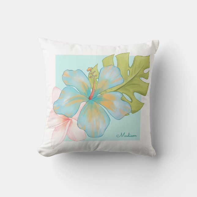 Pastel Tropical Floral Arrangement with Name Cushion (Front)