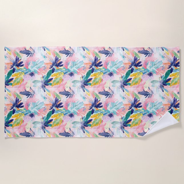 Pastel Tropical Floral Beach Towel  (Front)