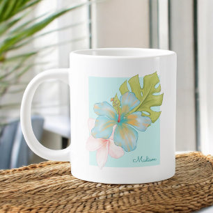 Pastel Tropical Floral Bouquet with Any Name Large Coffee Mug