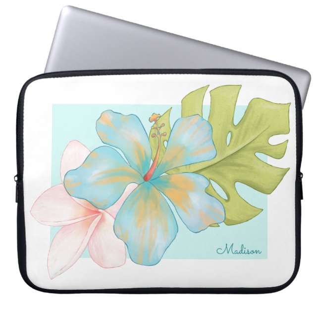 Pastel Tropical Floral Bouquet with Name Laptop Sleeve (Front)