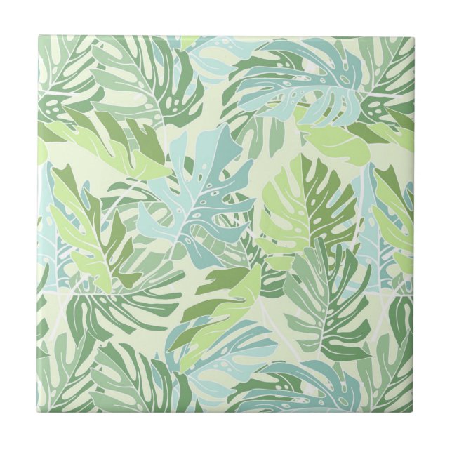 Pastel Tropical Palm Leaves Ceramic Tile (Front)