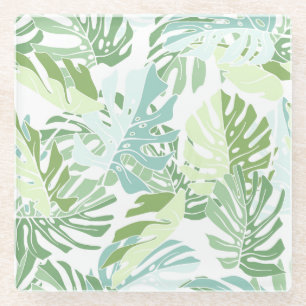 Pastel Tropical Palm Leaves Glass Coaster