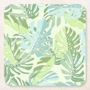 Pastel Tropical Palm Leaves Square Paper Coaster