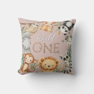 Pastel Tropical Wild One Jungle Safari Animals Cushion