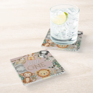 Pastel Tropical Wild One Jungle Safari Animals Glass Coaster