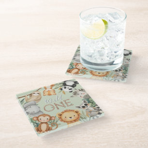 Pastel Tropical Wild One Jungle Safari Animals Glass Coaster