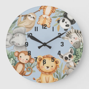 Pastel Tropical Wild One Jungle Safari Animals  Large Clock