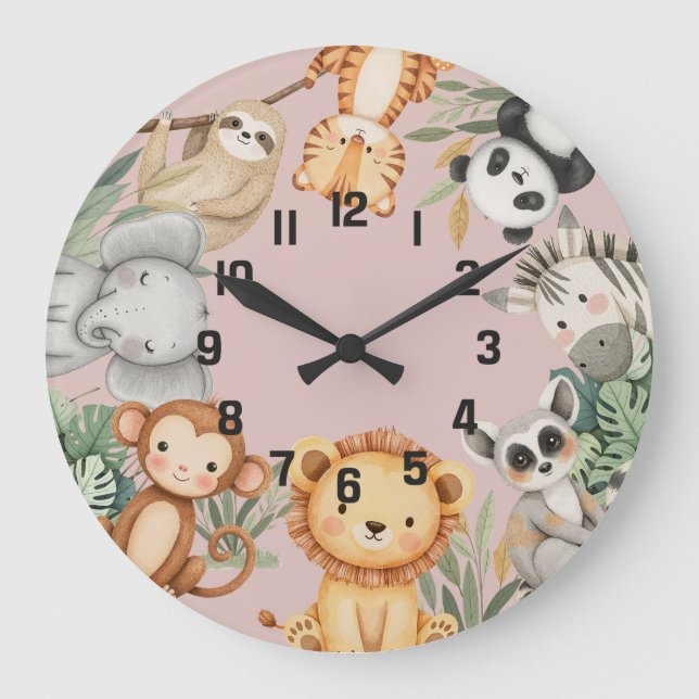 Pastel Tropical Wild One Jungle Safari Animals  Large Clock (Front)