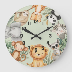Pastel Tropical Wild One Jungle Safari Animals  Large Clock
