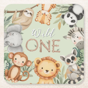 Pastel Tropical Wild One Jungle Safari Animals Square Paper Coaster