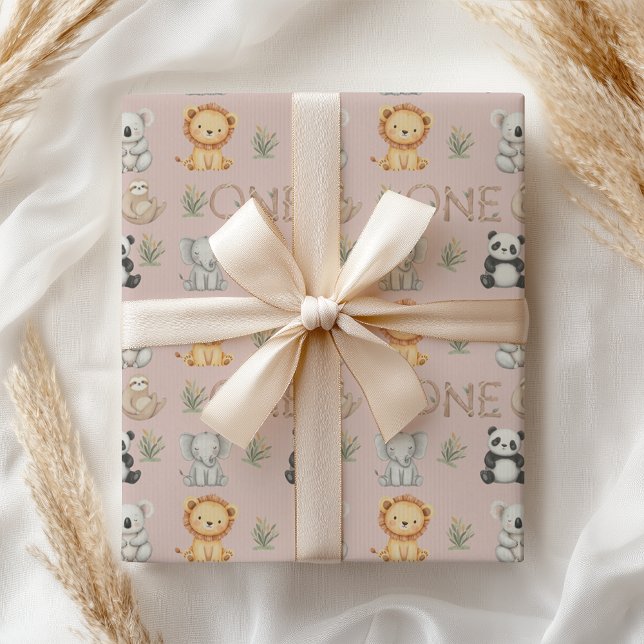 Pastel Tropical Wild One Jungle Safari Animals  Wrapping Paper (Creator Uploaded)