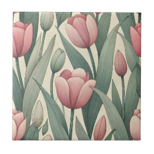 Pastel Tulip Garden Pattern Illustration Ceramic Tile